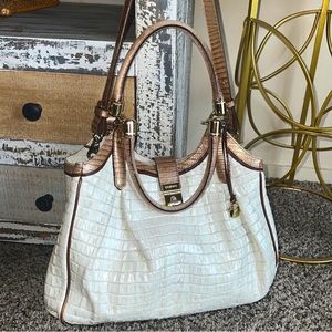 Brahmin Elisa Hobo Marshmellow Croc-Embossed with metallic tan trim